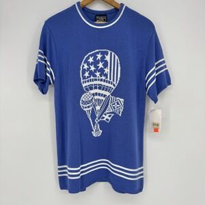 90s Vintage Short Sleeve Sweater Women's Small Blue Knit Hot Air Balloon Novelty